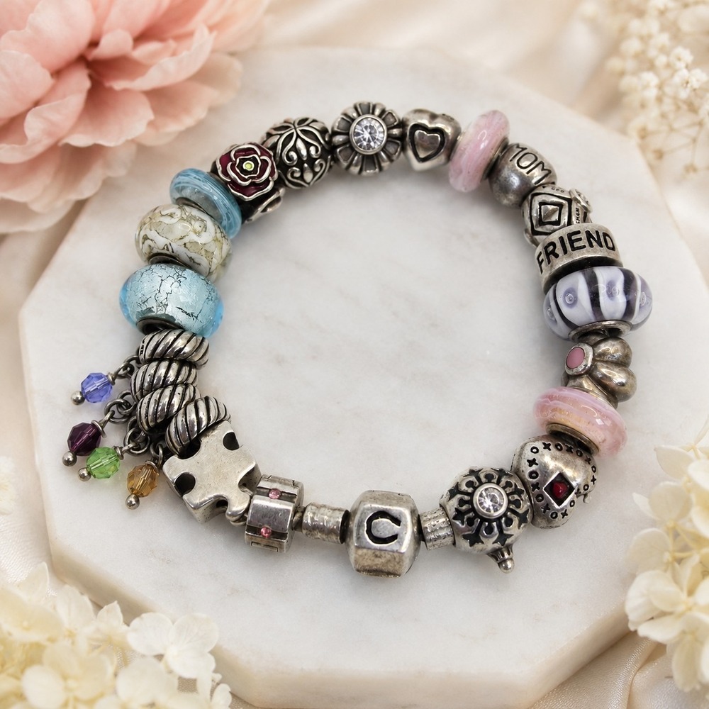 Chamilia Sterling Silver Charm Bracelet 22 Charms Mom Friend Hearts Murano Glass